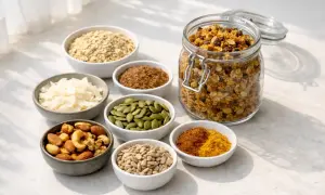 Ingredienser för ett nyttigt granola recept: havregryn, kokosflingor, pumpafrön, solrosfrön, nötter, linfrö och kryddor.