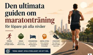 Man springer på en bana med stad i bakgrunden. Guiden handlar om maratonträning, med fokus på träning, näring, återhämtning, mental styrka och utrustning för att nå sitt mål.
