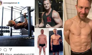En kvinna tränar i ett gym. En man visar upp sin fysik i en tröja med texten "16 weeks of hell". Två bilder visar en mans förvandling.