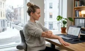 Kvinna tejpar sin golfarmbåge vid ett skrivbord med laptop. Utanför fönstret syns en snöig stadsgata.
