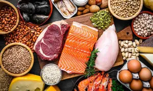 En variation av proteinrika livsmedel: biff, lax, kyckling, räkor, musslor, bönor, linser, nötter, frön, ägg och ost. Perfekt för att optimera ditt protein per kg.