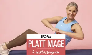 Kvinna tränar för en platt mage. Texten "PLATT MAGE" syns tydligt.
