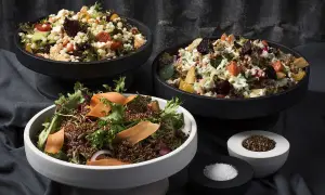 Tre skålar med nyttiga sallader: en med couscous, grönsaker och fetaost, en med rotfrukter och en med quinoa och grönt.