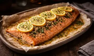 Lax i ugn 150 grader, toppad med citronskivor och örter, serverad på ett fat med bakplåtspapper.