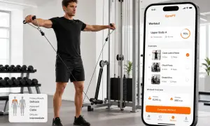 Man utför sidolyft med kabel, en övning för axlarna. En app visar träningspasset.