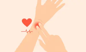 En elitidrottare känner sin vilopuls på handleden. Ett hjärta och EKG-kurva symboliserar hälsa.