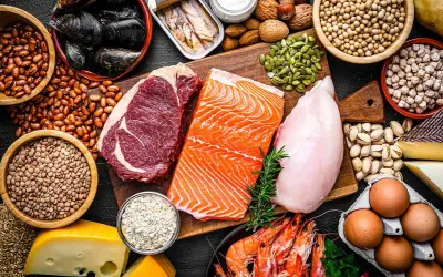 En variation av proteinrika livsmedel: biff, lax, kyckling, räkor, musslor, bönor, linser, nötter, frön, ägg och ost. Perfekt för att optimera ditt protein per kg.