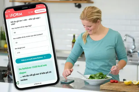 Kvinna använder app för att räkna ut sitt dagliga kaloribehov. Appen visar att hon behöver 1530 kalorier per dag man för att nå sitt viktmål.