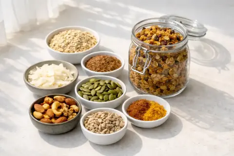 Ingredienser för ett nyttigt granola recept: havregryn, kokosflingor, pumpafrön, solrosfrön, nötter, linfrö och kryddor.