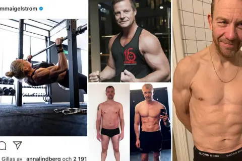 En kvinna tränar i ett gym. En man visar upp sin fysik i en tröja med texten "16 weeks of hell". Två bilder visar en mans förvandling.