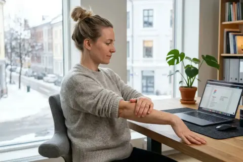 Kvinna tejpar sin golfarmbåge vid ett skrivbord med laptop. Utanför fönstret syns en snöig stadsgata.