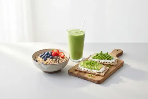 Frukost med havregrynsgröt, bär, avokadomackor och smoothie. Perfekt mellanmål för viktnedgång.