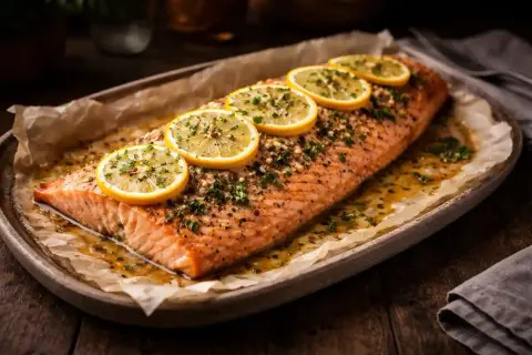 Lax i ugn 150 grader, toppad med citronskivor och örter, serverad på ett fat med bakplåtspapper.