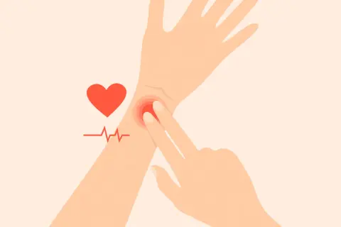 En elitidrottare känner sin vilopuls på handleden. Ett hjärta och EKG-kurva symboliserar hälsa.