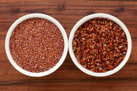 Två skålar med quinoa. Den vänstra innehåller orörd röd quinoa, den högra kokt. Båda är bra källor till komplexa kolhydrater.