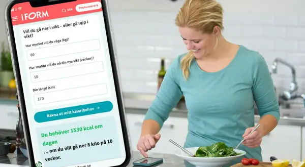 Kvinna använder app för att räkna ut sitt dagliga kaloribehov. Appen visar att hon behöver 1530 kalorier per dag man för att nå sitt viktmål.