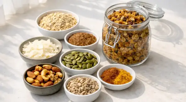 Ingredienser för ett nyttigt granola recept: havregryn, kokosflingor, pumpafrön, solrosfrön, nötter, linfrö och kryddor.
