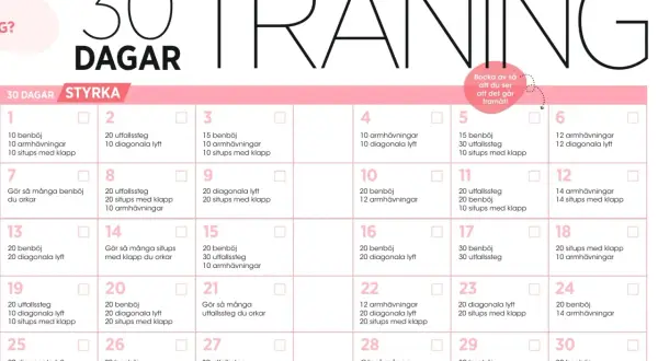 Träningsschema för 30 dagar med styrkeövningar. Följ ditt kom i form på 30 dagar schema dag för dag.