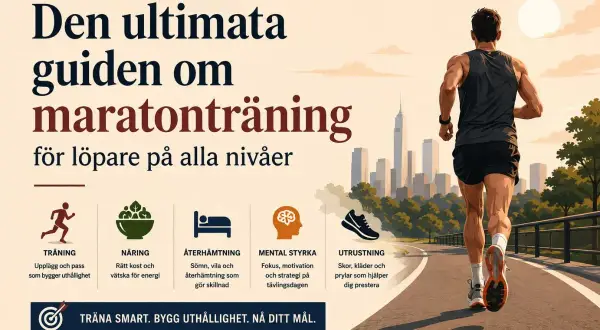 Man springer på en bana med stad i bakgrunden. Guiden handlar om maratonträning, med fokus på träning, näring, återhämtning, mental styrka och utrustning för att nå sitt mål.