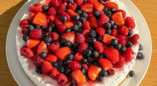 En läcker och nyttig cheesecake toppad med färska jordgubbar, hallon och blåbär. En perfekt sommardessert!