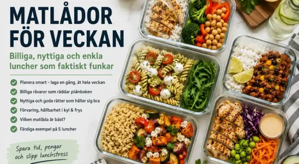 Fem olika proteinrika matlådor med kyckling, bönor, pasta och grönsaker. Perfekt för en enkel och nyttig lunch.