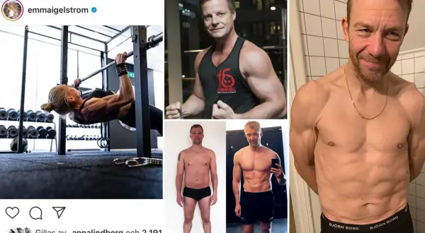 En kvinna tränar i ett gym. En man visar upp sin fysik i en tröja med texten "16 weeks of hell". Två bilder visar en mans förvandling.