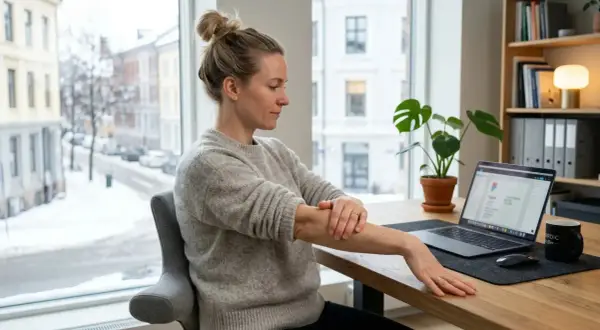 Kvinna tejpar sin golfarmbåge vid ett skrivbord med laptop. Utanför fönstret syns en snöig stadsgata.