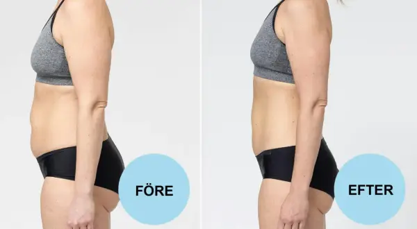 Före och efter-bild på en kvinna som visar en tydlig kroppsförändring. Möjligt att gå ner 0,5 kg i veckan med rätt metod.