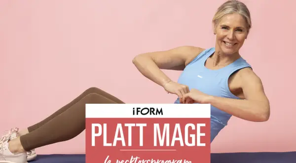 Kvinna tränar för en platt mage. Texten "PLATT MAGE" syns tydligt.