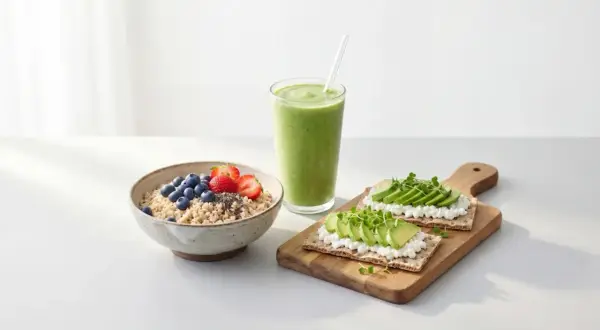 Frukost med havregrynsgröt, bär, avokadomackor och smoothie. Perfekt mellanmål för viktnedgång.