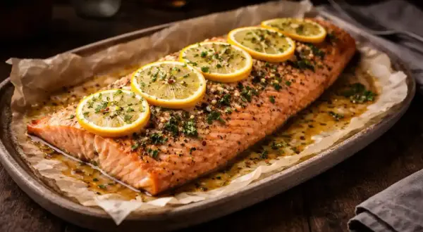 Lax i ugn 150 grader, toppad med citronskivor och örter, serverad på ett fat med bakplåtspapper.