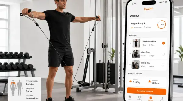Man utför sidolyft med kabel, en övning för axlarna. En app visar träningspasset.