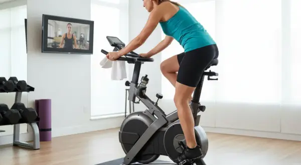 Kvinna tränar på motionscykel, följer instruktioner på skärmen. Kondition fakta för en hälsosam livsstil.
