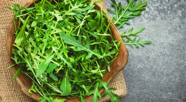En skål med färsk ruccola, en påminnelse om att ruccola nyttigt och gott.