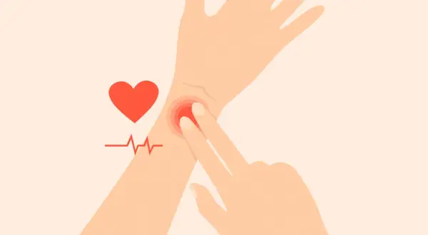 En elitidrottare känner sin vilopuls på handleden. Ett hjärta och EKG-kurva symboliserar hälsa.