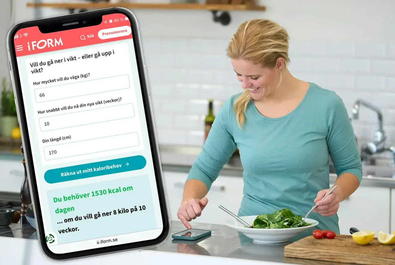 Kvinna använder app för att räkna ut sitt dagliga kaloribehov. Appen visar att hon behöver 1530 kalorier per dag man för att nå sitt viktmål.