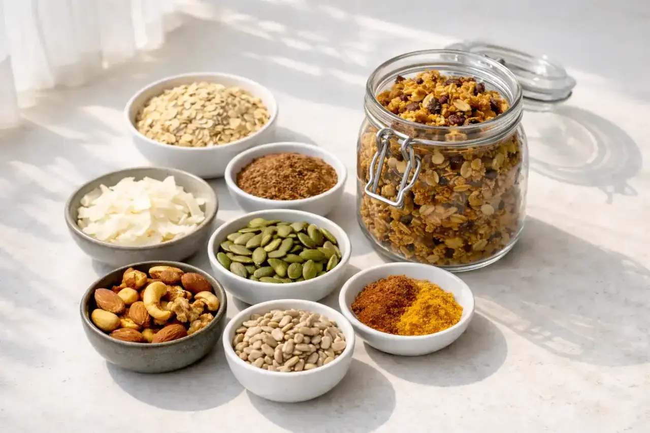 Ingredienser för ett nyttigt granola recept: havregryn, kokosflingor, pumpafrön, solrosfrön, nötter, linfrö och kryddor.