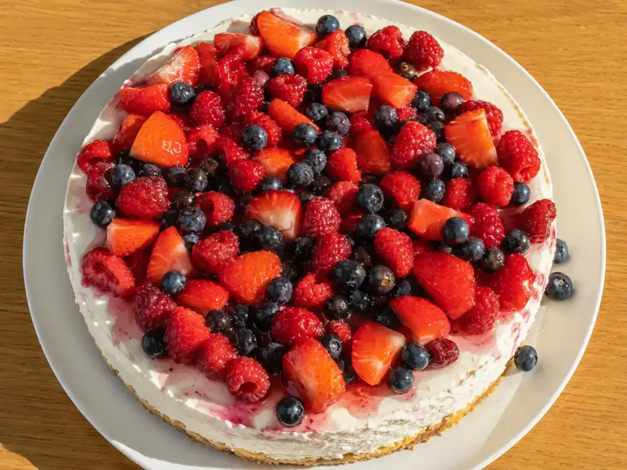 En läcker och nyttig cheesecake toppad med färska jordgubbar, hallon och blåbär. En perfekt sommardessert!