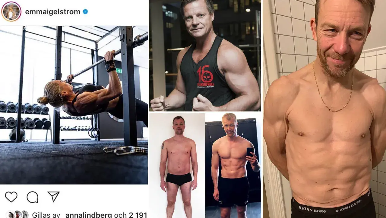 En kvinna tränar i ett gym. En man visar upp sin fysik i en tröja med texten "16 weeks of hell". Två bilder visar en mans förvandling.
