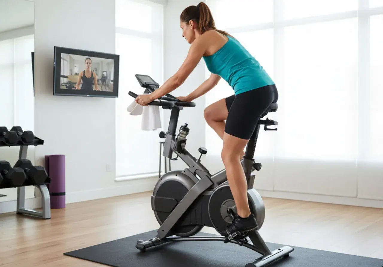 Kvinna tränar på motionscykel, följer instruktioner på skärmen. Kondition fakta för en hälsosam livsstil.