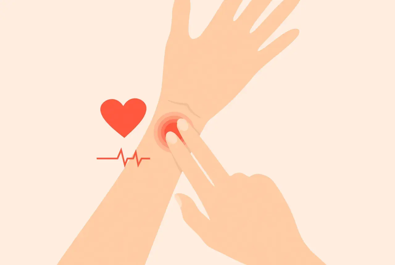 En elitidrottare känner sin vilopuls på handleden. Ett hjärta och EKG-kurva symboliserar hälsa.