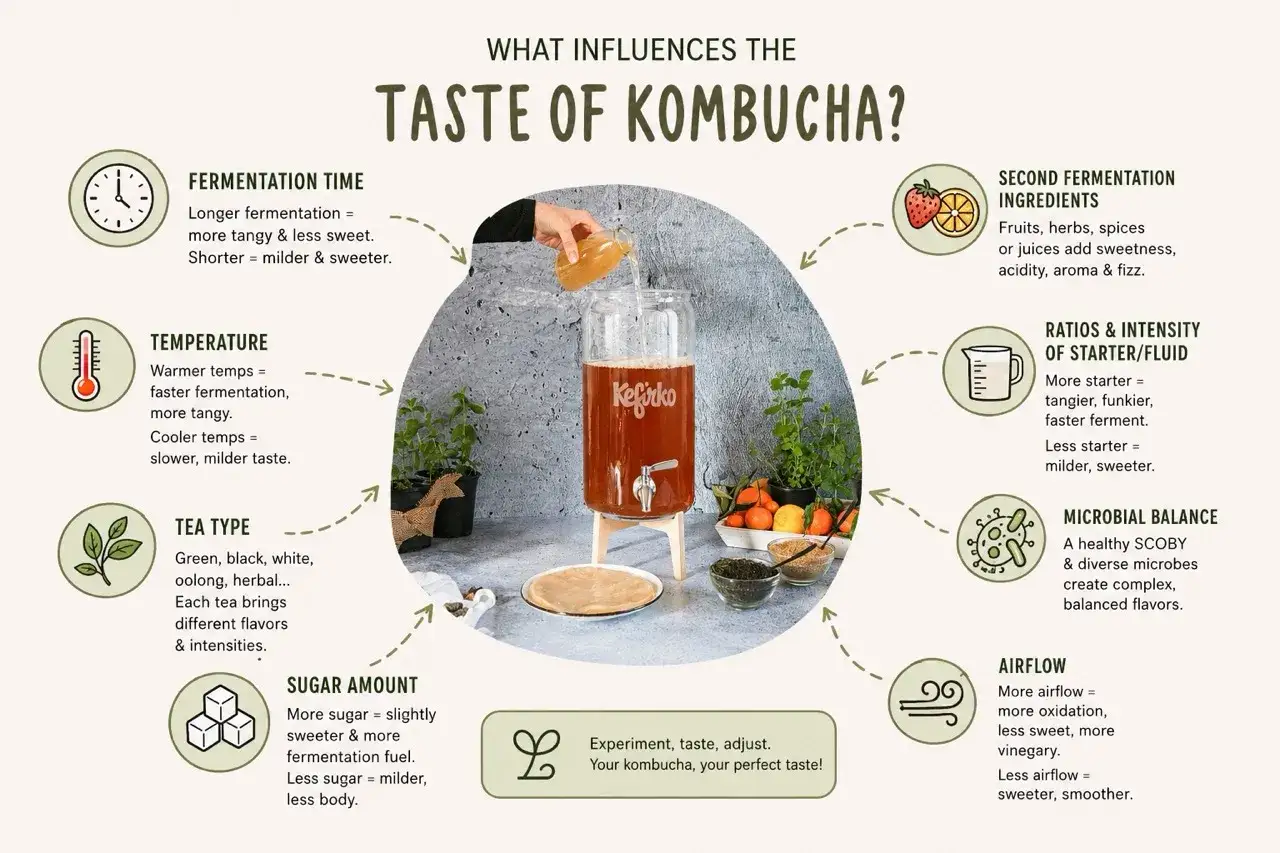 Infografik som visar vad som påverkar smaken på kombucha. Lär dig hur du gör din kombucha nyttigt och god!