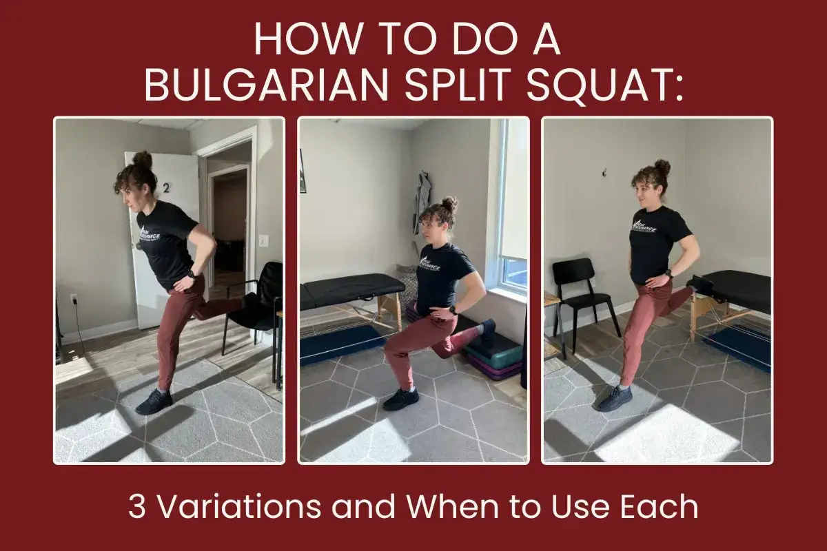 Kvinna demonstrerar tre varianter av bulgarian split squat i ett tr&auml;ningsrum.