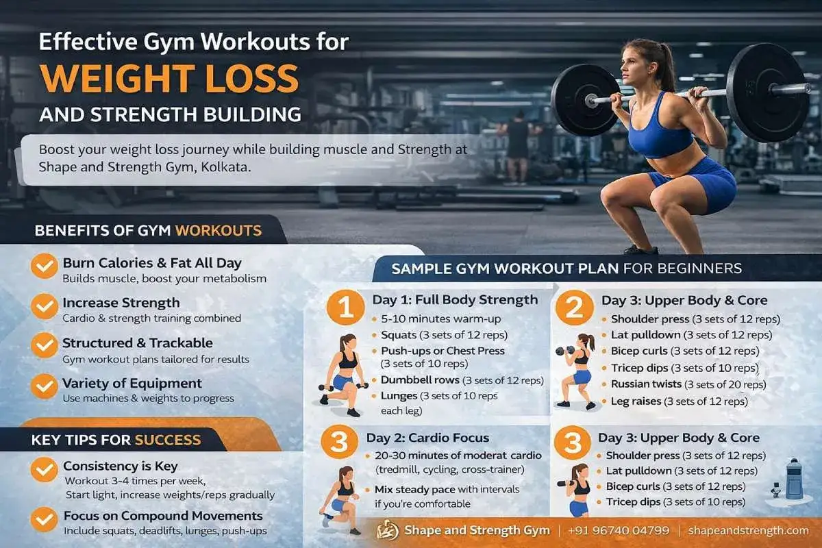 En kvinna lyfter skivst&aring;ng i gymmet. Bilden visar effektiva gympass f&ouml;r att g&aring; ner i vikt och bygga muskler, med tr&auml;ningsplaner och tips.