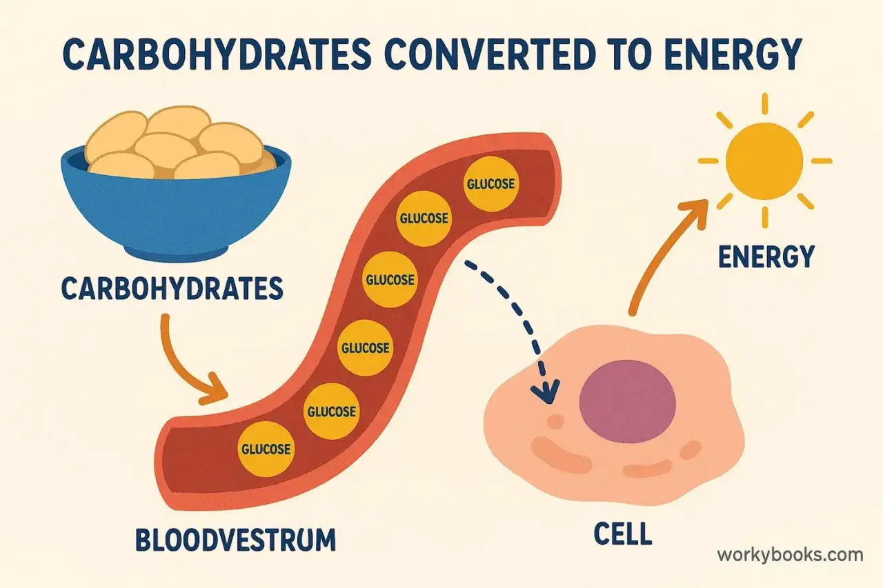 Kolhydrater bryts ner till glukos som transporteras i blodet till celler för att ge energi, symboliserad av en sol.