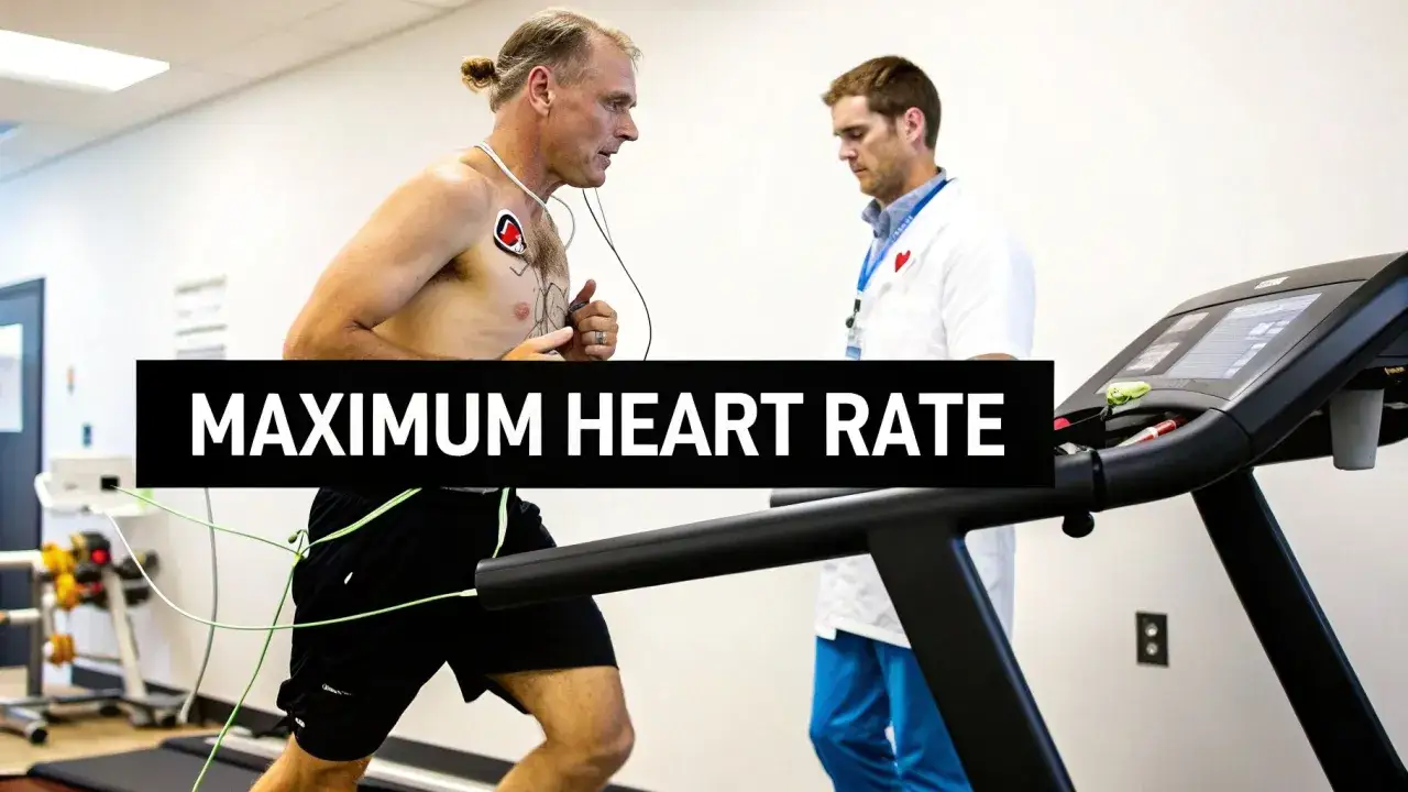 Man på löpband med EKG-elektroder på bröstet, övervakas av en person i vit rock. Test för att mäta maximalt bpm puls.