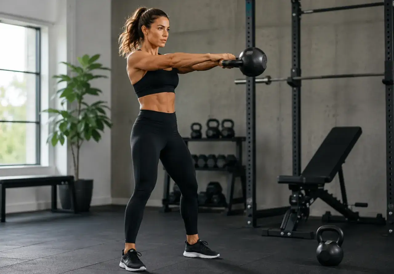 Kvinna utför kettlebell swing under ett crossfit pass.