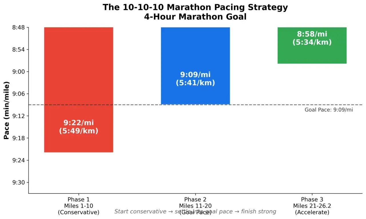 Graf visar en maratonstrategi: fas 1 (9:22/mi), fas 2 (9:09/mi) och fas 3 (8:58/mi). M&aring;ltempo &auml;r 9:09/mi.