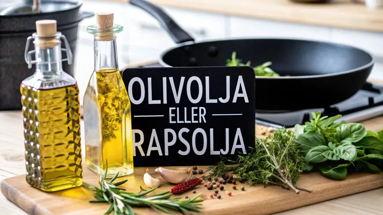 Två flaskor olja, en stekpanna och färska örter. Vilken är nyttigaste oljan för din matlagning? Olivolja eller rapsolja?
