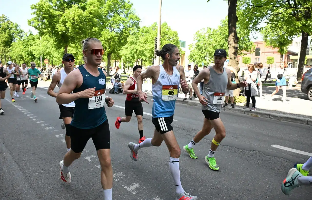 Löpare i en maratonlopp, med nummerlappar synliga. Soligt väder och gröna träd längs vägen. Det är en härlig maraton tid.